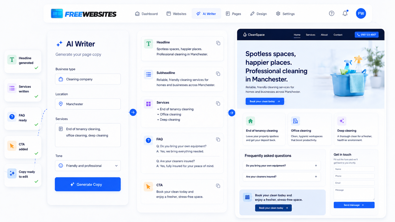 AI website copy generator creating headlines, service descriptions, FAQs and calls to action.