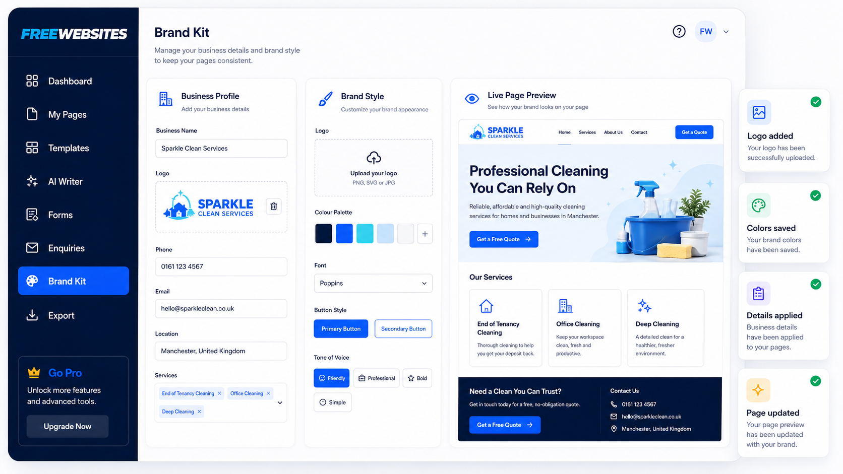Brand Kit screen for saving business details, logo, colors, fonts and page style.