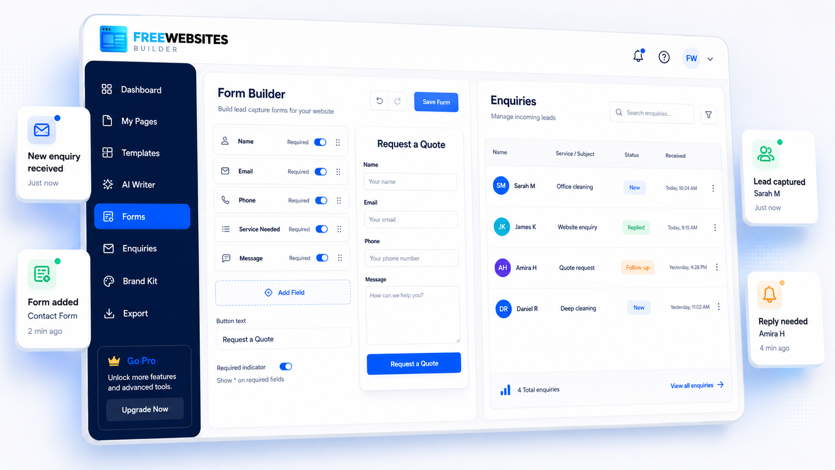 Form builder and enquiry dashboard for collecting leads and managing customer messages.