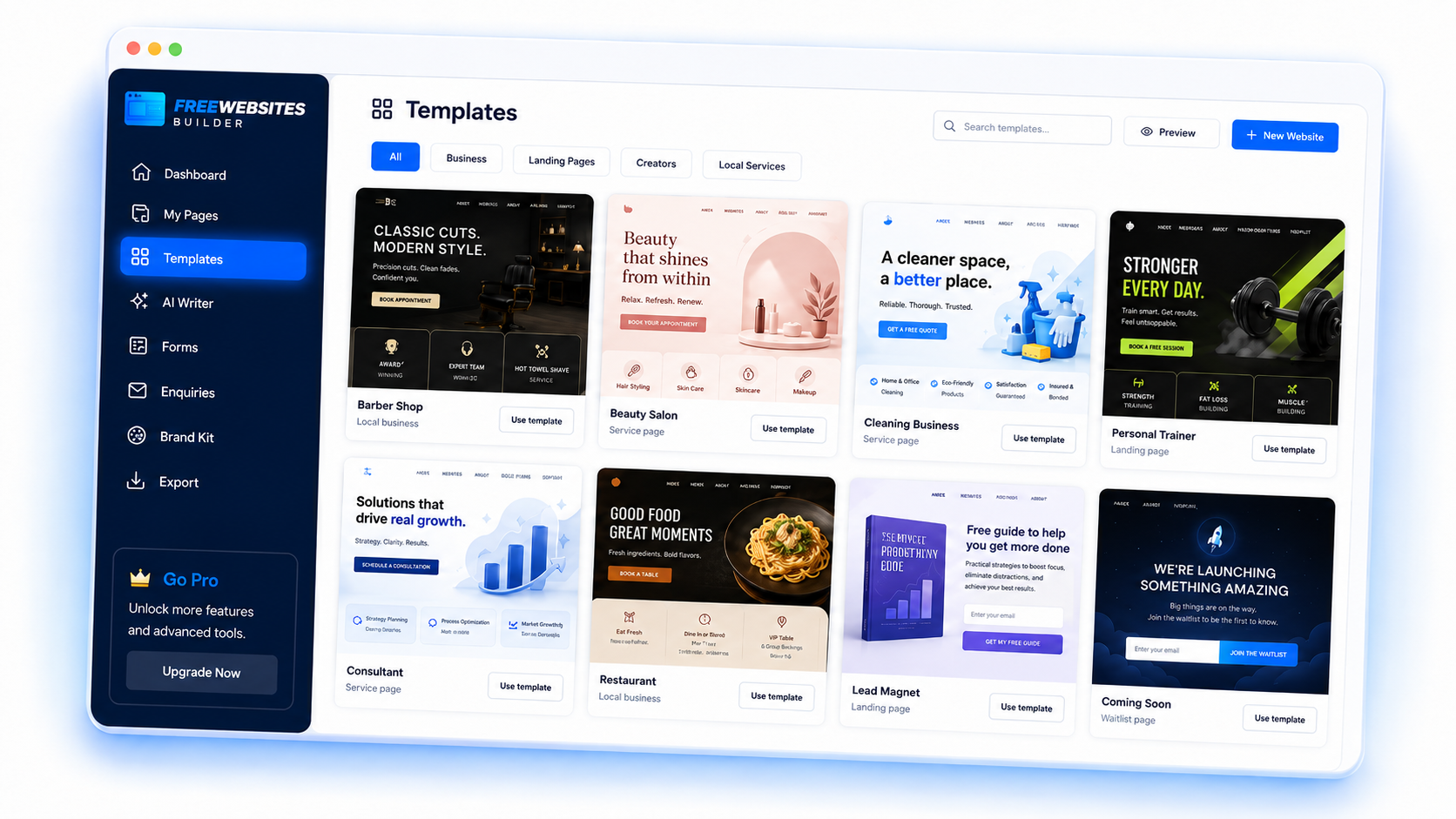 FreeWebsites Builder template gallery with website and landing page templates for small businesses and campaigns.